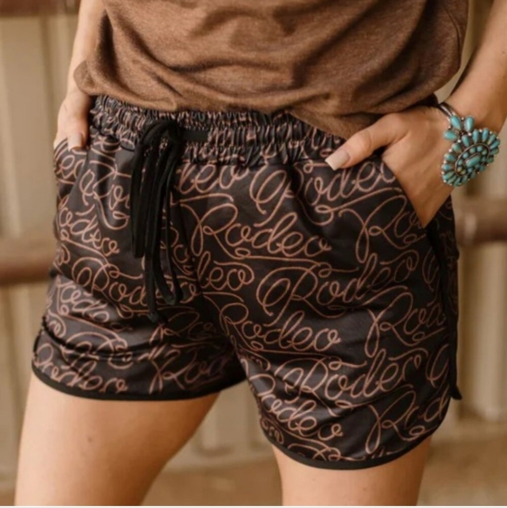 NWT Brown Stylish Women's Shorts with Rope Rodeo Script Design